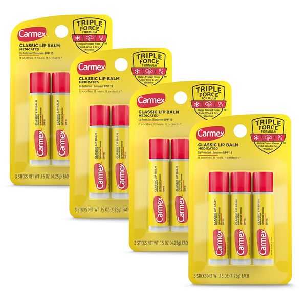 Carmex Classic Medicated Lip Balm Sticks, Lip Moisturizer for Chapped Lips, 12 Count (4 Packs of 3)