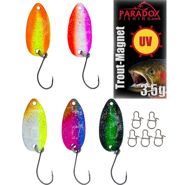 Paradox Fishing Forellen Spoon Set I 5 Spoons 3,5g mit Snaps I Forellenköder Set zum Forellen Angeln Spoon Forellen Köder Forellen Set Spoon Forelle - Spoons Forelle