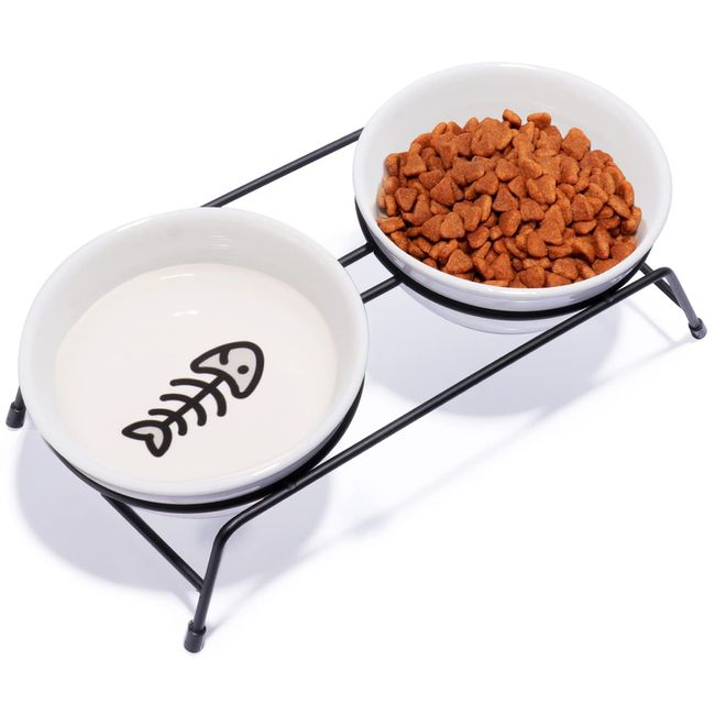 Cat Bowls, Upgraded 13 oz Ceramic Elevated Cat Food Bowls for Food and Water, Raised 2 Cat Dishes with Stainless Steel Stand Non-Slip and Anti-Rust, for Indoor Cats and Small Dog Bowl, Dishwasher Safe