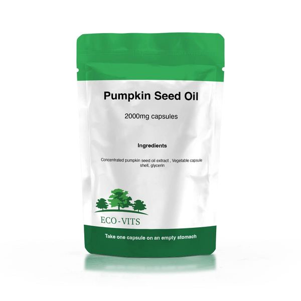 ECO-VITS Pumpkin Seed Oil (2000MG) 240 CAPS. Recyclable Packaging. Sealed Pouch