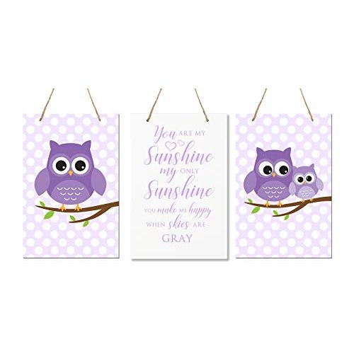 LifeSong Milestones You Are My Sunshine 3 piece Owl Childrens Wall Decor signs for Kids, Bedroom, Nursery, Baby’s Boys, Girls room, size 8” x 12” Proudly Made in USA (Purple)