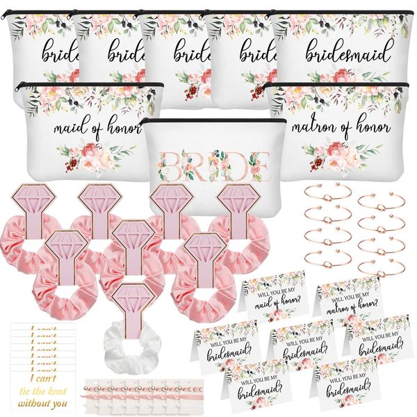 63 Pcs Bridesmaid Proposal Gift Sets Maid of Honor Matron of Honor Bride Gifts Bridal Shower Cosmetic Makeup Bags Scrunchies Hair Knotted Bracelets Invitation Cards for Wedding (Flowers)