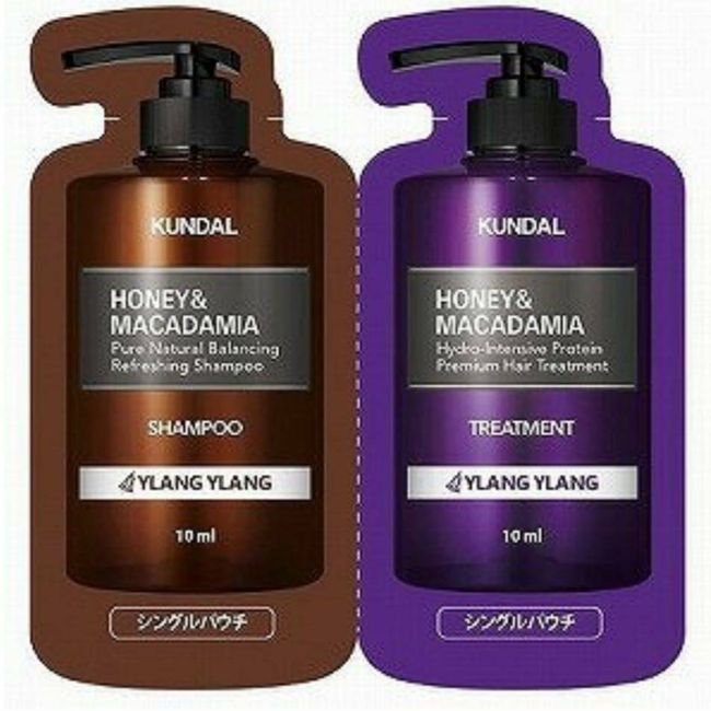 KUNDAL Honey &amp; Macadamia Shampoo + Treatment Pouch 10ml each Ylang Ylang scent Trial 1 serving