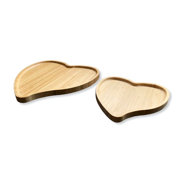 Heart Shaped Wooden Tray Set Dual Wood Snack Trays (Set of 2)-Serving Platters Plates For Party Food Nibbbles Tapas Cheese- Candle Tray Ottoman for Display- Trinket Tray Jewellery Dish (Small & Big)