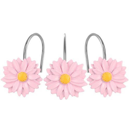 Daisy Flower Shower Curtain Hooks, 12PCS Stainless Steel Anti Rust Sunflower Shower Curtain Hooks Floral Decorative Curtain Hanger Hooks for Living Room Bathroom Decor (Pink)