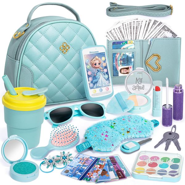 Play Purse for Little Girl, Princess Frozen Toy Purse with Accessories, Pretend Makeup Set, Handbag, Wallet, Water Bottle, Birthday Toy for Girl 3 4 5 6 7 8 Year Old