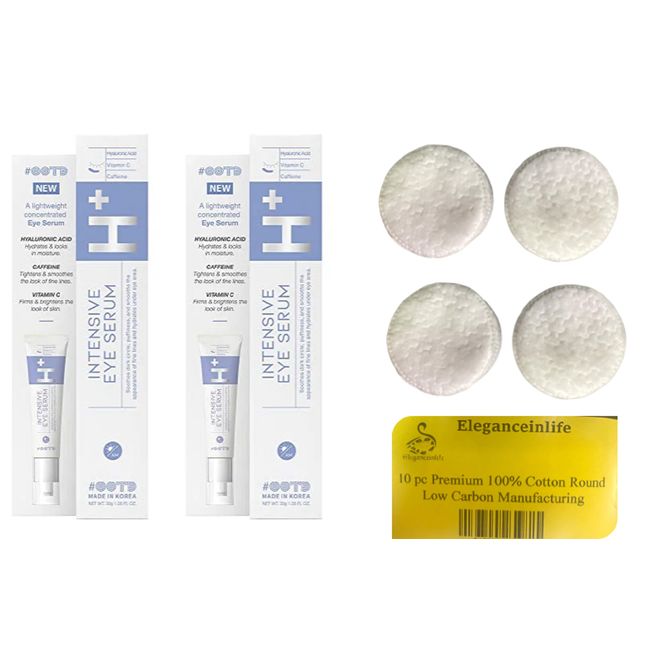 H+ Intensive Eye Serum Helps Dark Circles+Eleganceinlife 10pc Cotton Rounds 2PK