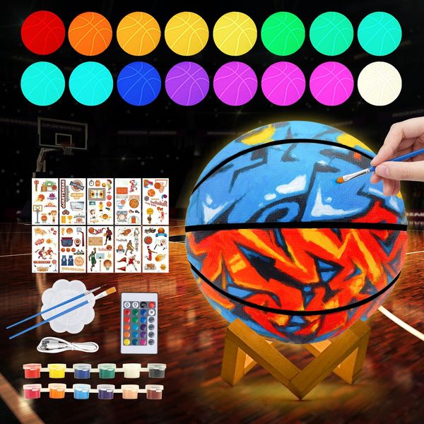 Minleway Paint Your Own Basketball Lamp Kit,16 Colors 7.1 Inch DIY 3D Basketball Night Light,Arts and Crafts for Kids Ages 4-12,Art Supplies for Kids Girls Boys Birthday Gifts