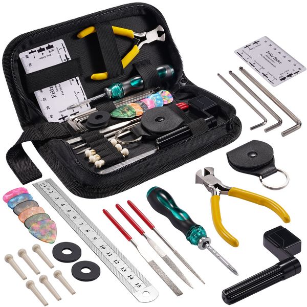 31Pcs Guitar Tool Kit, POGOLAB Guitar Repair Kit A Gift for Guitar Enthusiast Beginners Proscenium, Guitar String Winder Tool, Guitar Maintenance Kit, Ukulele Bass Banjo Acoustic Guitar Tools