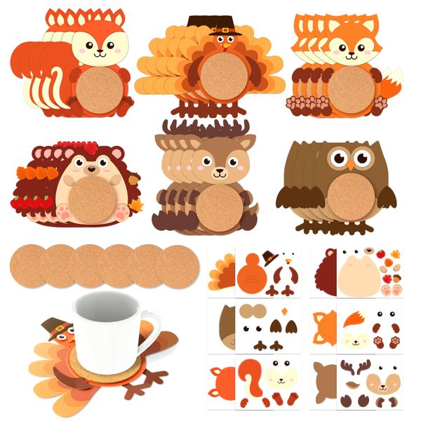 COcnny Fall Animal Coaster Craft - 24 Sets Thanksgiving DIY Craft Kit for Kids, Autumn Turkey Hedgehog Art Coasters, Make Your Own Cup Base Decor for School Classroom Home Activities Party Supplies