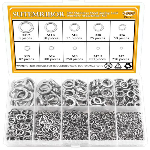 Sutemribor 1000 Pieces 9 Sizes 304 Stainless Steel Lock Washers, Split Lock Washers for Screws Bolts, Spring Lock Washers, Lock Metal Washers (M2 M2.5 M3 M4 M5 M6 M8 M10 M12)
