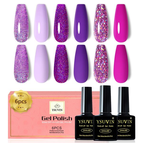 Yueshop 6 Colors Gel Nail Polish Set - Grape Purple Glitter Gel Nail Polish Purple Sparkle Gel Polish Soak Off UV LED Gel Nail Lamp Nail Art Varnish Kit For Women Beauty Gift