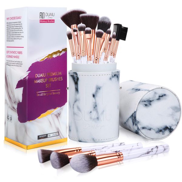 Makeup Brushes DUAIU Makeup Brush Set Professional 15-Piece Marble Make Up Brushes for Foundation Brush Powder Concealers and Eyeshadow Brush with Exquisite Marble Bucket Gift Box White