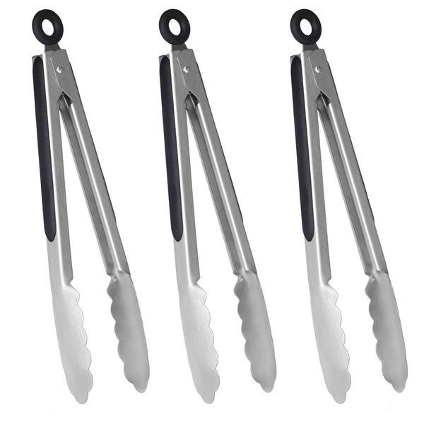 HINMAY Kitchen Barbecue Tongs 9" Non-Slip Locking Mechanism Stainless Steel Cooking Tongs, Set of 3 (Silver)