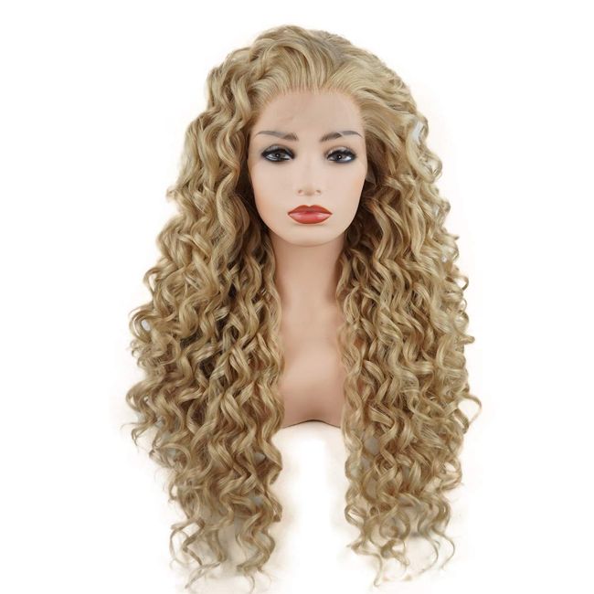 Meiyite Hair Curly Long 26inch Three Tone Mix Blonde Wig Heavy Density Realistic Synthetic Lace Front Wigs