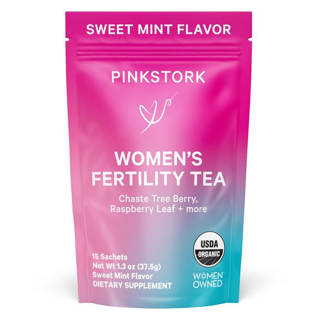 Pink Stork Organic Fertility Tea - Hormone Balance with Chaste Tree Berry (Vitex), Mint, and Red Raspberry Leaf - Supports Ovulation & Conception for Her, Caffeine Free - Sweet Mint, 15 Sachets