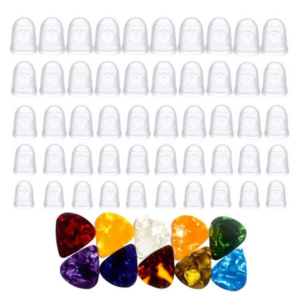 50pcs Guitar Silicone Finger Protector,Fingertip Protection Covers Caps in 5 Sizes for Beginner Playing Electric Guitar and 10 Guitar Picks