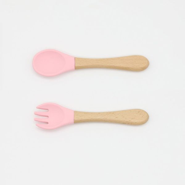 Baby Food Grade Wooden Handles Silicone Spoon Fork Cutlery - Average Size (0-8Y） / Pink