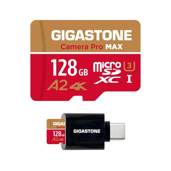 [5-Yrs Free Data Recovery] GIGASTONE 128GB Micro SD Card with USB 3.2 Type C Card Reader, 4K Camera Pro MAX, A2 V30 MicroSDXC Memory Card for Gopro, 4K UHD Video, Up to 120/80 MB/s with Adapter