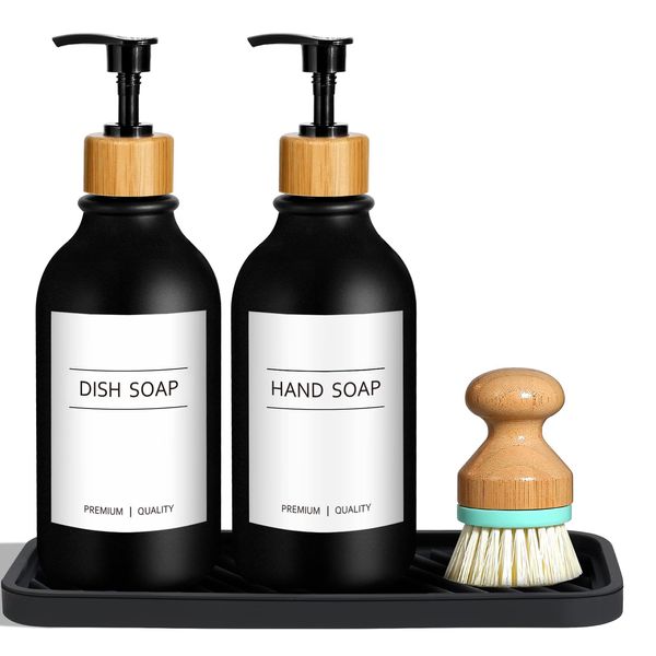 GMISUN Black Hand and Dish Soap Dispenser Set with Tray, 500 ML Plastic Kitchen Sink Soap Dispenser with Bamboo Dish Brush, Farmhouse Kitchen Washing Up Liquid Dispenser Bottle with Pump Bathroom