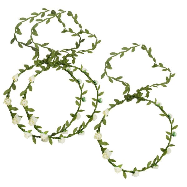 3 Pcs Fairy Flower Crowns Floral Wreath Headbands Rose Hair Wreaths Green Leaf Headbands Festival Party Head Garland Wedding Party Headpiece with Long Tail for Women Girls