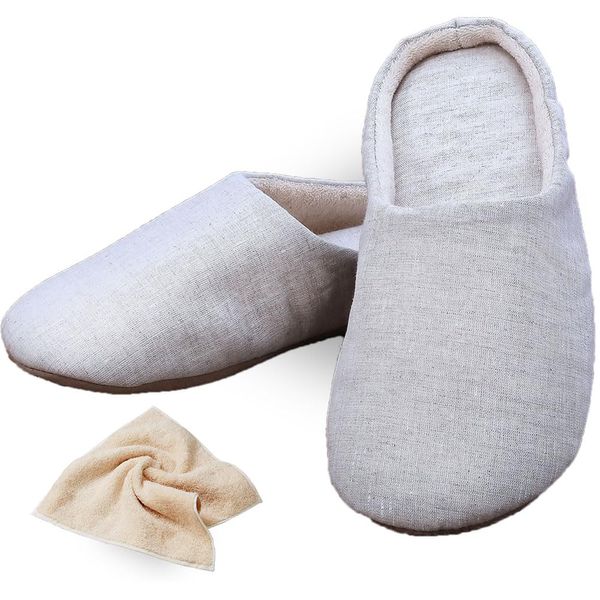 Linen, Gauze, Cotton Padding, Summer Slippers, Room Shoes, Made in Japan, Genuine Supima Cotton Handkerchief Included, Indoor Shoes, Natural Material, Non-Dyed, Lightweight, Anti-Slip, Flax