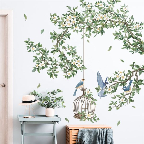 WOHAHA Wall Sticker, Plant, Stylish, Birds on Branches, Birdcage, Small White Flowers, Removable Wallpaper Sticker, Stylish, Pastoral Style, Living Room, Rental, Bedroom, Wall Decoration, Waterproof,