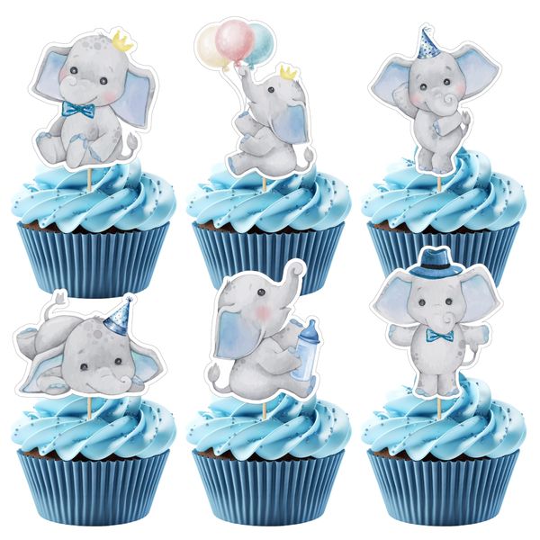 UVTQSSP 32 Pack Blue Baby Shower Cupcake Toppers Elephant Theme Birthday Party Supplies Picks Elephant Theme Baby Shower Cupcake Decor Picks Gender Reveal Decorations for Baby Birthday Party Boys