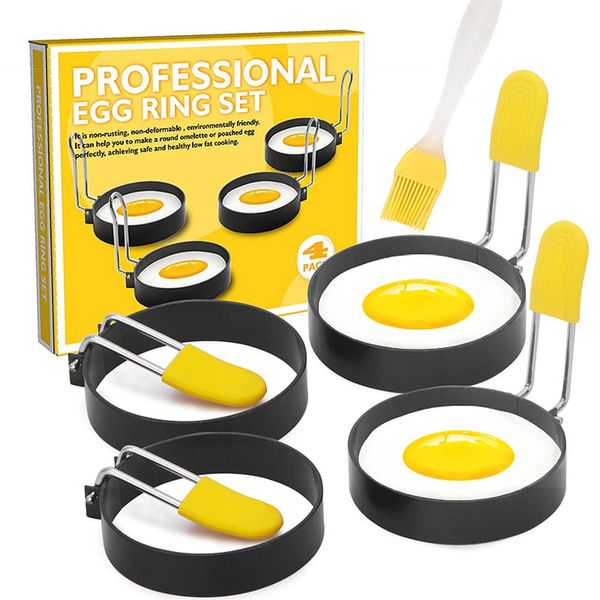 Set of 4 Fried Egg Mold Fried Egg Ring Egg Ring Egg Fryer Egg Ring Stainless Steel Handled Round Shapers Home Kitchen Cooking Tools Handmade DIY Brush Included