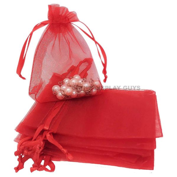 TheDisplayGuys 100-Pack 6x8 Red Sheer Organza Gift Bags with Drawstring, Goodie Bags for Jewelry, Candy Bags, Treat Bags, Wedding Favors Small Mesh Bags