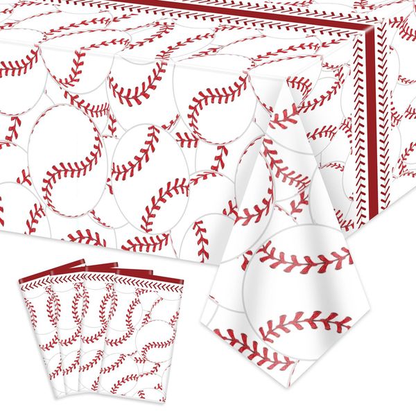 PTECDROTS 4 Pcs Baseball Tablecloths, Disposable Baseball Party Decorations Table Covers, Rectangular Baseball Pattern Table Cloth for Boys Baseball Sports Event Birthday Party Supplies, 51x86 Inch