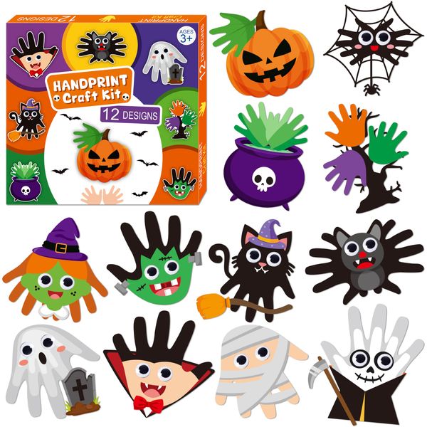 WATINC Halloween Handprint Art Craft - Halloween Pumpkin Witches Zombie DIY Craft Kit, Bats Spiders Themed Hand Print Arts Supplies Preschool Classroom Activity Party Favors for Kids Toddlers (12pcs)