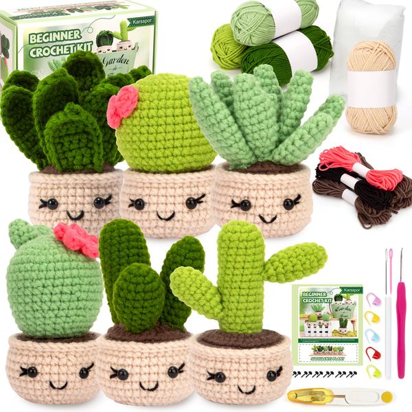 Karsspor Crochet Kit for Beginners Adults - 6 PCS Succulents, Beginner Crochet Kit with Step-by-Step Instructions and Video Tutorials, Complete Crochet Kit for Beginners(Patent Product)