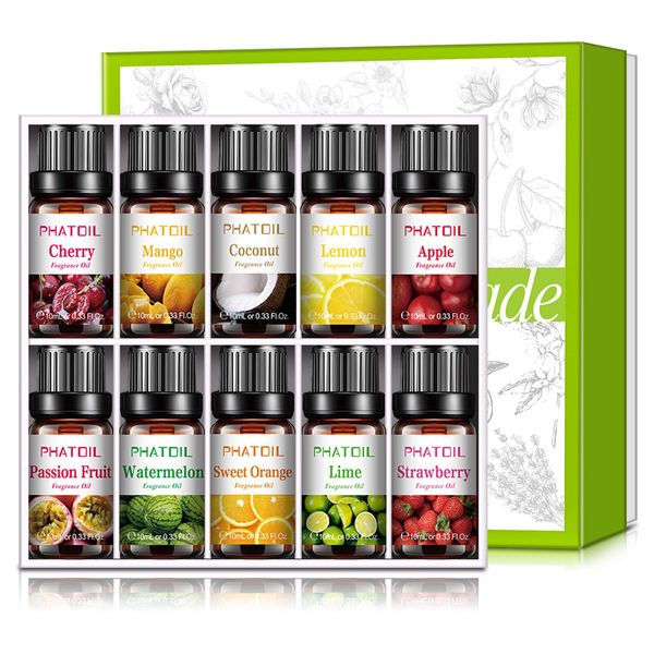 PHATOIL Fruity Fragrance Essential Oil Set 10 x 10 ml, Aromatherapy Premium Grade Oils Kit, Cherry, Mango, Coconut, Lemon, Apple, Passion Fruit, Watermelon, Sweet Orange, Lime, Strawberry