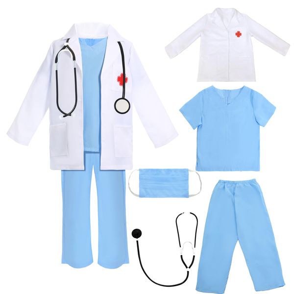 Wizland Kids Doctor Costume Doctor Role Play Costume for Boys Girls,Doctor white Lab Coat,Blue Scrubs,Mask and Stethoscope.(M 7-9Years)