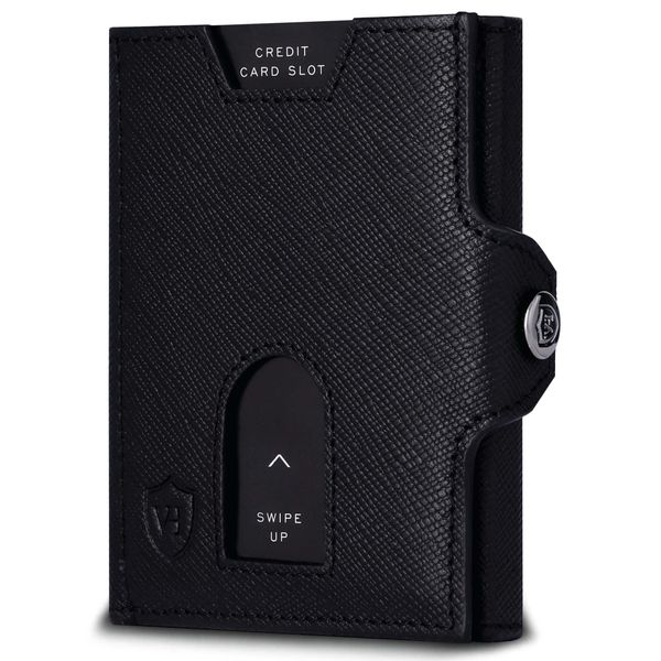 VON HEESEN Slim Wallet mit XXL Münzfach & RFID-Schutz - Leder Geldbeutel - Mini Geldbörse für Herren und Damen - Kartenetui Echtleder Karten Portemonnaie klein - Kreditkartenetui Schwarz Saffiano