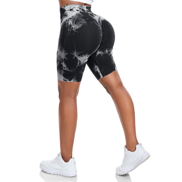 Yaavii Women Tie Dye Gym Shorts Scrunch Butt Seamless Cycling Shorts High Waisted Butt Lifting Yoga Shorts Push Up Workout Running Black M