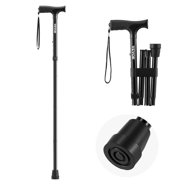 VEVOR Walking Cane for Man Woman, Folding Walking Stick with 5-Level Adjustable Height & Anti-Slip Rubber Tip, Lightweight and Portable Aluminum Mobility Walking Aid for Seniors Adults, 220LBS Loading