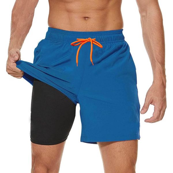 Ougelebo Herren Badehose Männer mit Kompression Badeshorts Herren Kurz 2 in 2 Schnelltrocknend Schwimmhose Schwimmshort Herren mit Reißverschluss Board Swim Shorts Navyblau 3XL