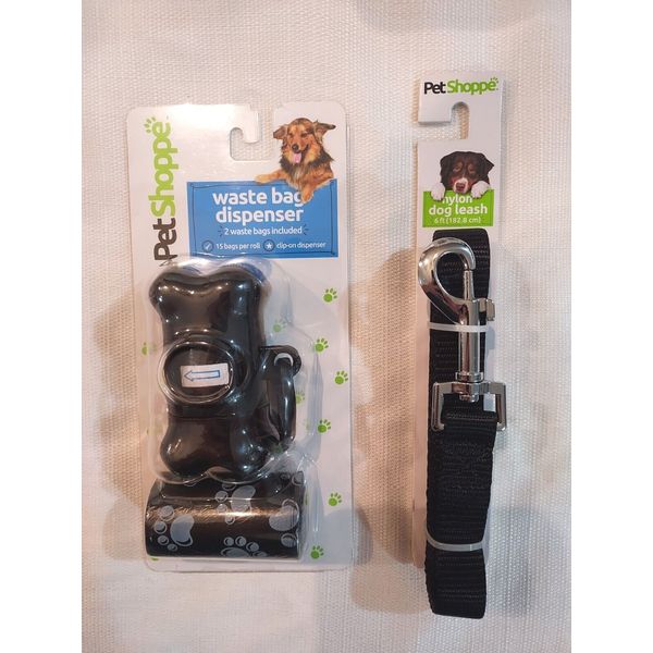 Pet Shoppe Dog Waste Bag Dispenser/Bags + Black Nylon Dog Leash 6ft New