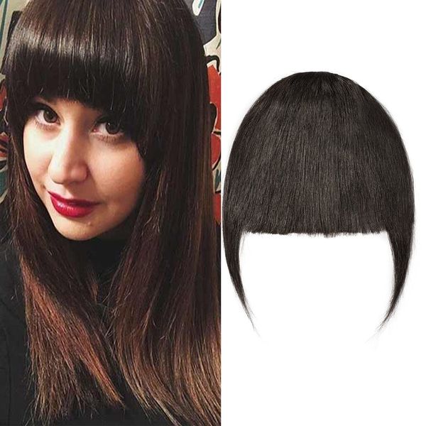 Silk-co Hair Bangs Clip in #1B Natural Black One Piece Hair Fringe Front Bangs Remy Human Hair Extensions with Temples