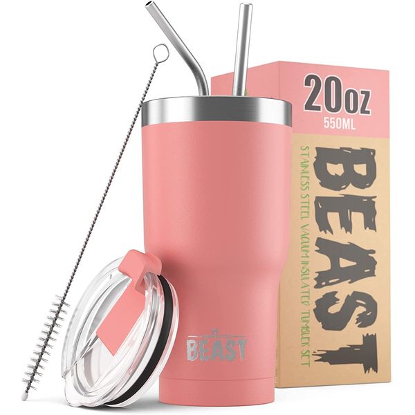 Beast Tumbler - 550 ml (20 oz), Blossom Pink | Reusable Stainless Steel, Vacuum Insulated Cup | with + 2 Straws & Cleaning Brush | Double Wall Travel Flask Perfect for Hot or Iced Coffee | BPA Free