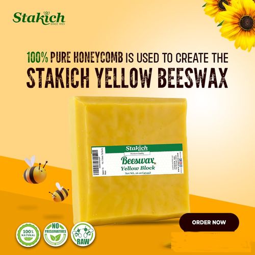 Stakich Yellow Beeswax Block - Natural, Triple Filtered - 1 Pound, Honey Scent