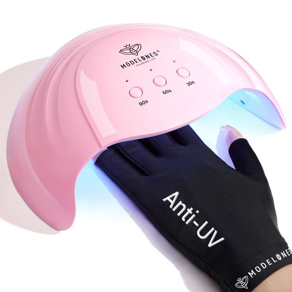 Modelones Gel UV LED Nail Lamp with UV Gloves Kit, 48W Nail Dryer with 3 Timer Settings and Automatic Sensor for Cures All Nail Polish, Professional UPF99+ UV Protection Gloves for Nail Art Manicure