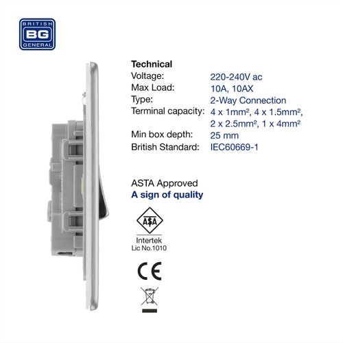 BG Electrical fbs12 Screwless Flat Plate Single Light Switch, Brushed Steel, 2-Way, 16AX