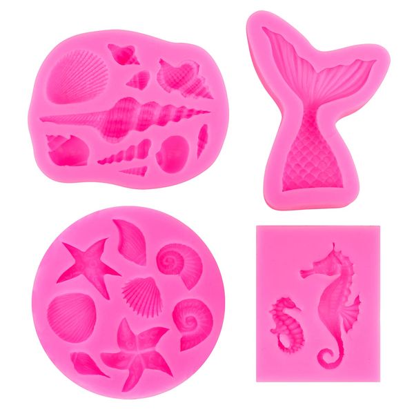 DIY Marine Themed Silicone Mould Set, Mermaid Theme Silicone Baking Molds Tools Fondant Cake Moulds for Cake Cupcake Decorations, Mermaid Tail, Shells, Seahorse Candy Chocolate Baking Molds