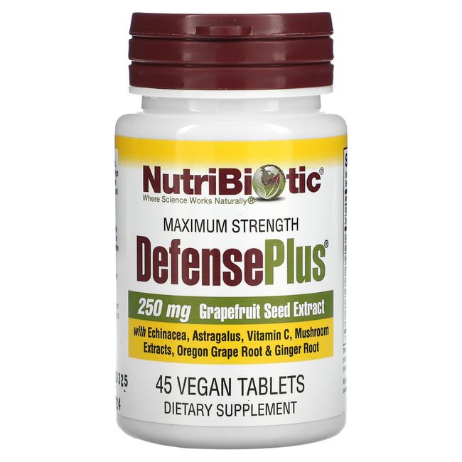 NutriBiotic DefensePlus Maximum Strength 250 mg 45 Vegan Tablets Egg-Free,