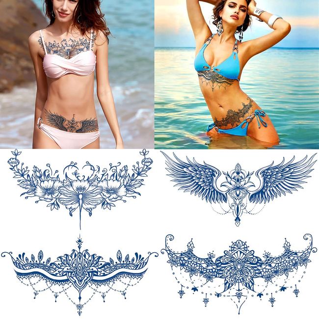 Glaryyears Semi Permanent Tattoos for Women Girls, 4 Pack Large Realistic Long Lasting Temporary Tattoo Looks Like Real, Sexy Flowers on Body Chest Underboob Tramp Stamp Waist Lower Back Beach Party