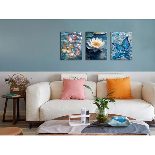 Ardemy Butterfly Wall Art White Lotus Flower Pond Picture Lake Painting Modern Teal Turquoise Canvas Artwork Framed for Bathroom Living Room Bedroom Kitchen Home Office Wall Decor, 12"x16"x3 Panels