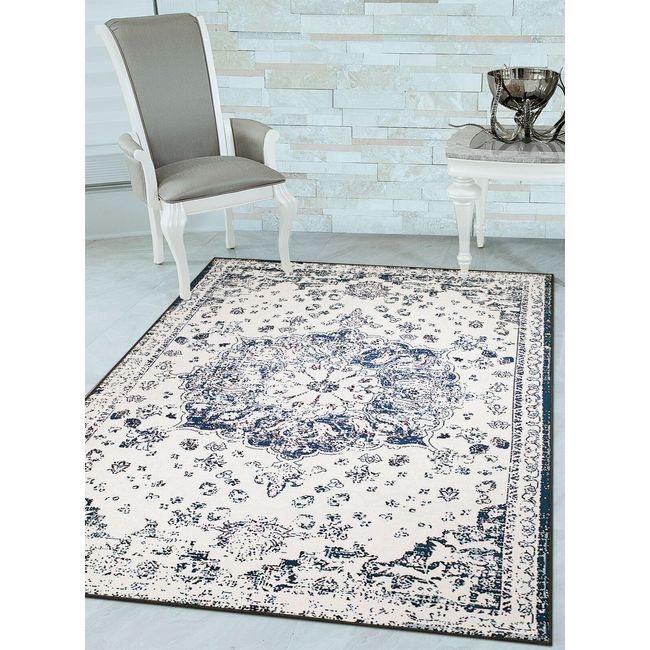 Vintage Medallion Transitional Area Rug with Non-Slip Backing, Navy, 10' x 13'